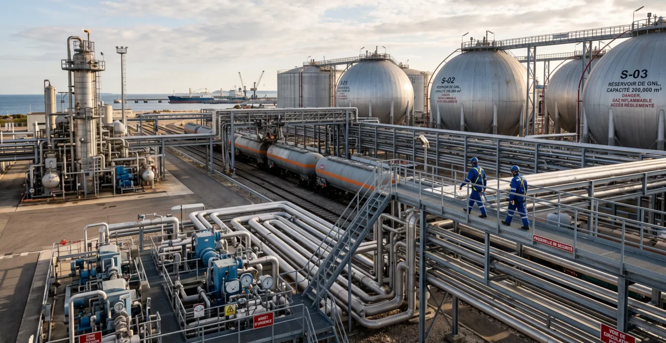 Installation de stockage de gaz naturel avec citernes métalliques et pipelines dans un complexe industriel français