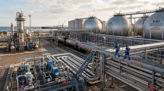Installation de stockage de gaz naturel avec citernes métalliques et pipelines dans un complexe industriel français